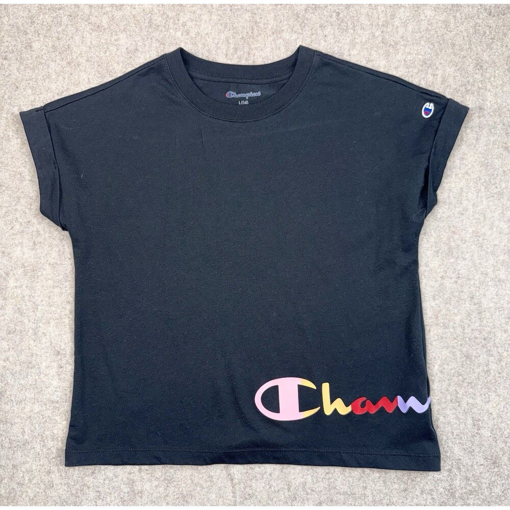 Champion Teens Large Black Logo Graphic Crew Neck Short Sleeve T Shirt